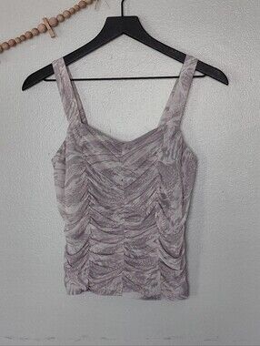 Willow & Root Ruched Abstract Mesh Tank Top Medium Neutral Earthy Going Out Top